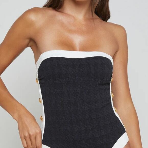 L'Agence Tory Bandeau One Piece Swimsuit Black White Gold Buttons S NEW - Picture 2 of 13